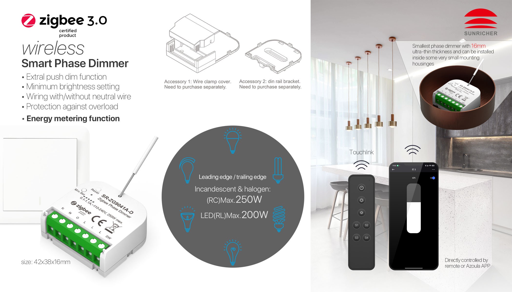 MÖDERE CELLPROOF 3セット ZigBee Mini AC Triac Phase-Cut Dimmer Single Live Wire with