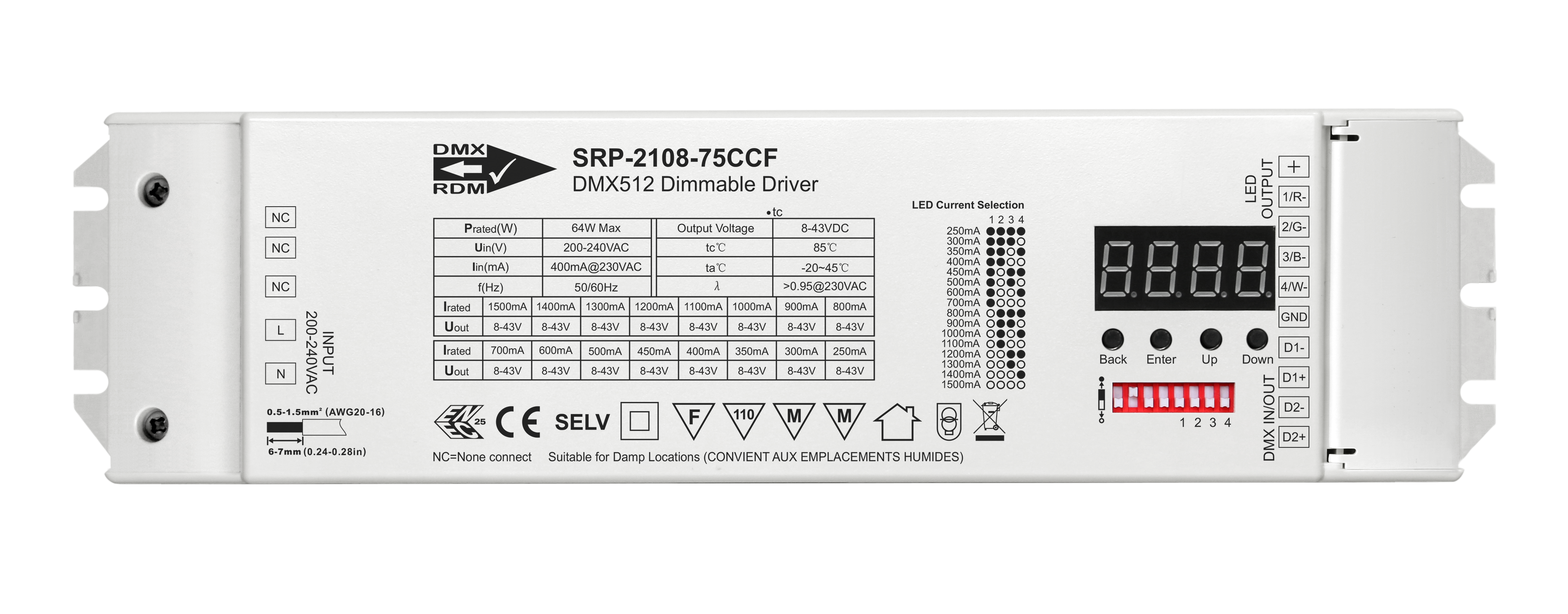 4 Channels DMX 75W Dimmable RGBW LED Driver SRP-2108-75CCF