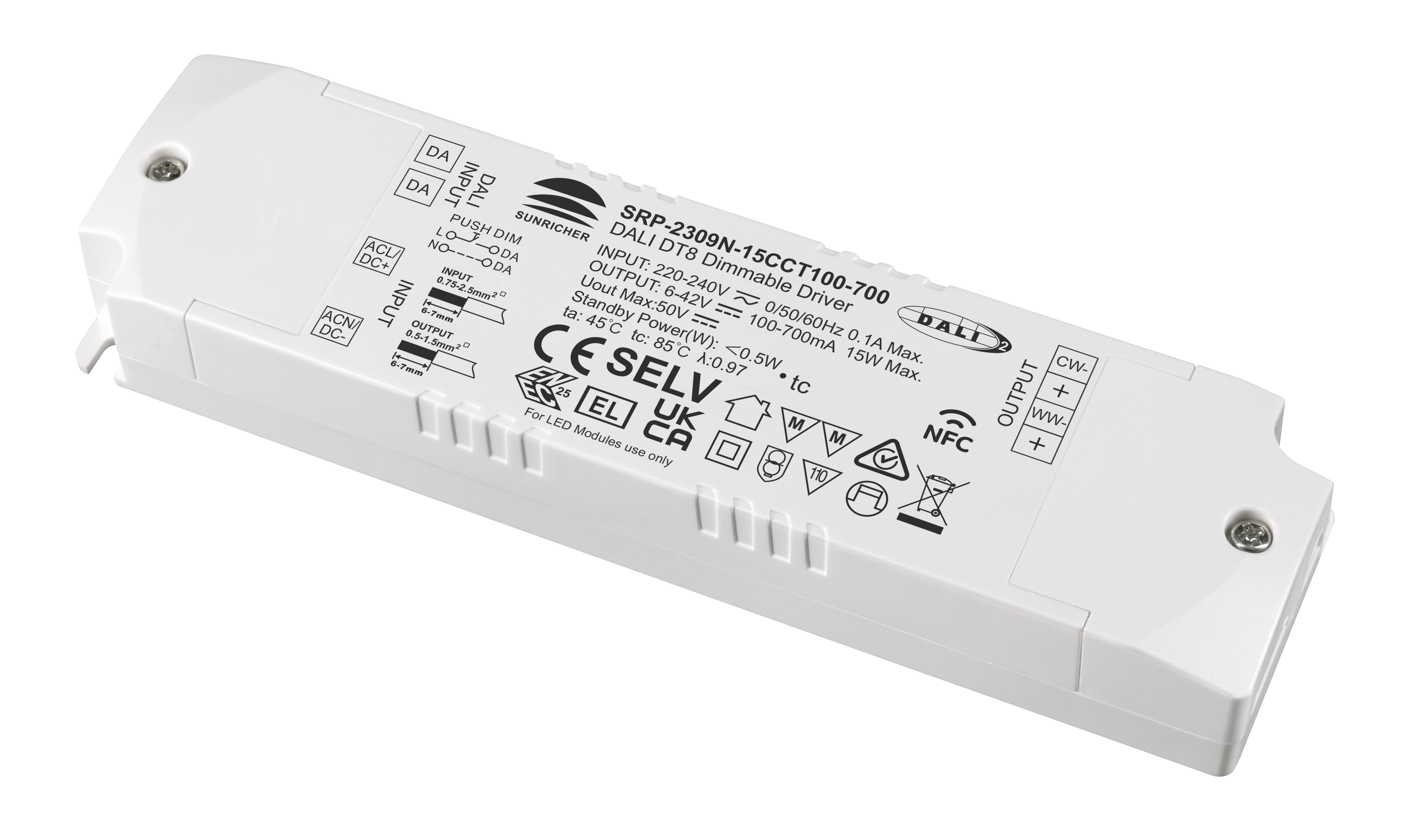 15W NFC Programmable DALI DT8 LED Driver (Constant Current) SRP