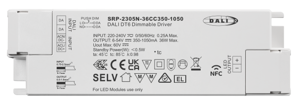 36W NFC Programmable DALI DT6 LED Driver (Constant Current) SRP-2305N-36CC350-1050