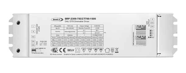 75W DALI DT8 Constant Current LED Driver SRP-2309-75CCT700-1500