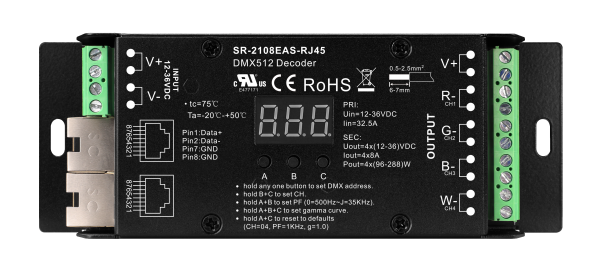 Low Volt Constant Voltage 4 Channels DMX Decoder SR-2108EAS-RJ45