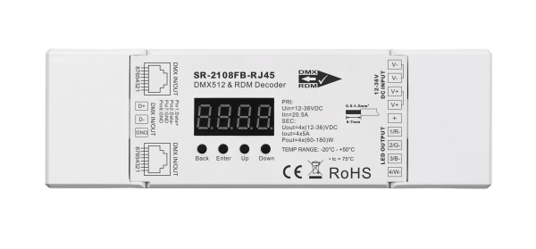 Constant Voltage 4 Channels DMX & RDM Controller With Master & Decoder Modes SR-2108FB-RJ45