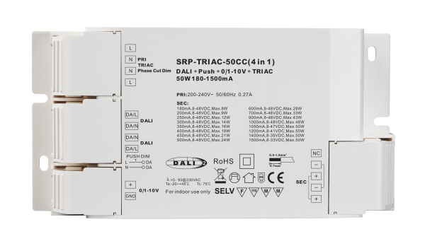 50W Triac Constant Current Dimmable LED Driver With 4 Dimming Interfaces In 1 SRP-TRIAC-50CC(4 in 1)