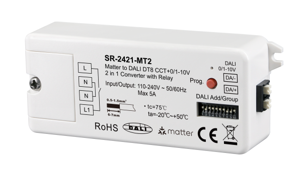 Matter Thread to DALI DT8 CCT+0/1-10V 2 in 1 Converter SR-2421-MT2