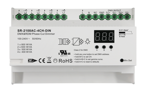 4 Channel AC Triac DMX512 Dimmer SR-2108AC-4CH-DIN