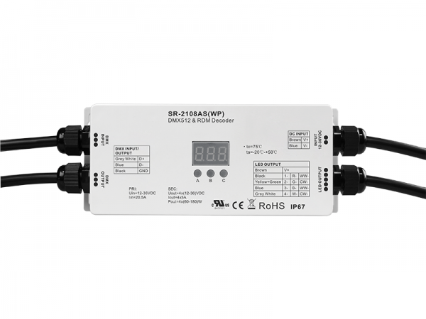 Constant Voltage RDM Enabled Waterproof DMX512 Decoder SR-2108AS(WP)-EU