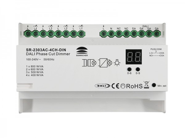 4 Channels DIN Rail DALI + Push Phase Dimmer SR-2303AC-4CH-DIN