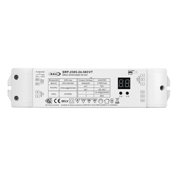 50W 2 Channels 24VDC DALI DT8 LED Constant Voltage Driver SRP-2305-24-50CVT