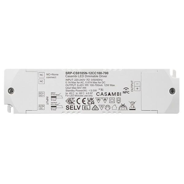 Casambi 12W 1CH NFC Enabled LED Driver (Constant Current) SRP-CS9105N-12CC100-700