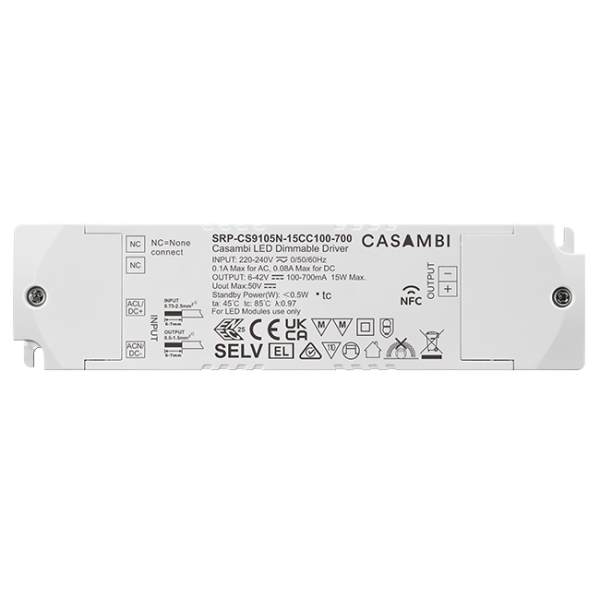 Casambi 15W 1CH NFC Enabled LED Driver (Constant Current) SRP-CS9105N-15CC100-700