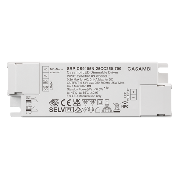 Casambi 25W 1CH NFC Enabled LED Driver (Constant Current) SRP-CS9105N-25CC250-700