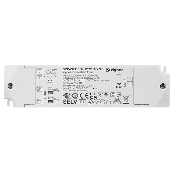 1 Channel 12W NFC Constant Current ZigBee Single Color LED Dimmable Driver SRP-ZG9105N-12CC100-700