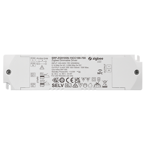 1 Channel 15W NFC Constant Current ZigBee Single Color LED Dimmable Driver SRP-ZG9105N-15CC100-700