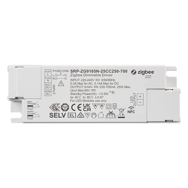 1 Channel 25W NFC Constant Current ZigBee Single Color LED Dimmable Driver SRP-ZG9105N-25CC250-700