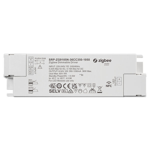 1 Channel 36W NFC Constant Current ZigBee Single Color LED Dimmable Driver SRP-ZG9105N-36CC350-1050