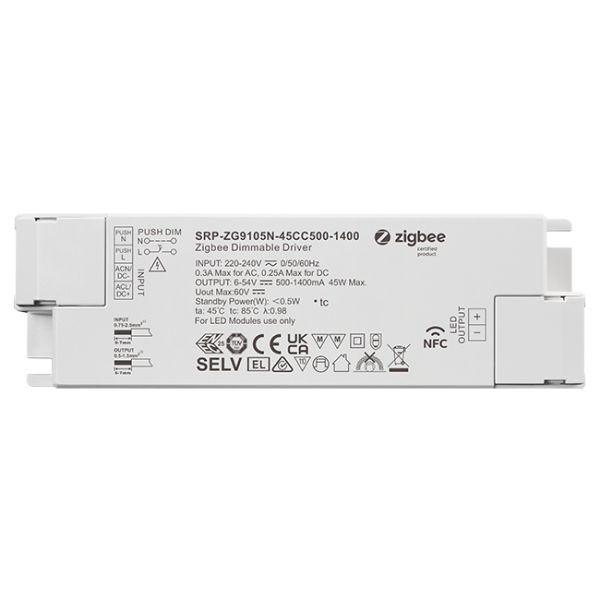 1 Channel 45W NFC Constant Current ZigBee Single Color LED Dimmable Driver SRP-ZG9105N-45CC500-1400