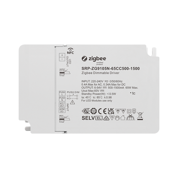1 Channel 65W NFC Constant Current ZigBee Single Color LED Dimmable Driver SRP-ZG9105N-65CC500-1500