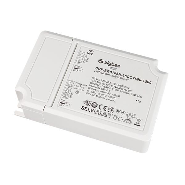 2 Channels 65W NFC Constant Current ZigBee Tunable White LED Dimmable Driver SRP-ZG9105N-65CCT500-1500