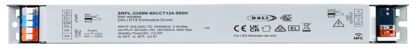 60W NFC Programmable DALI DT8 Non-SELV Long Metal Casing LED Driver(Constant Current) SRPL-2309N-60CCT120-550H