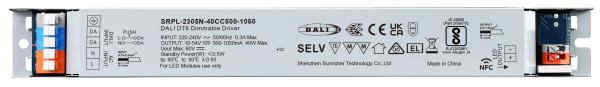 40W NFC Programmable DALI DT6 Certified Long Metal Casing LED Driver(Constant Current) SRPL-2305N-40CC500-1050